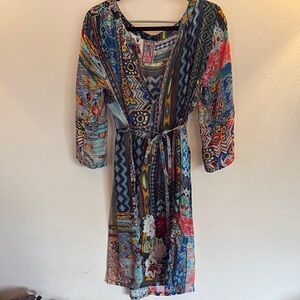 Johnny Was 100% Silk Colorful Patterned Women's Dress w/ Navy Blue Silk Slip